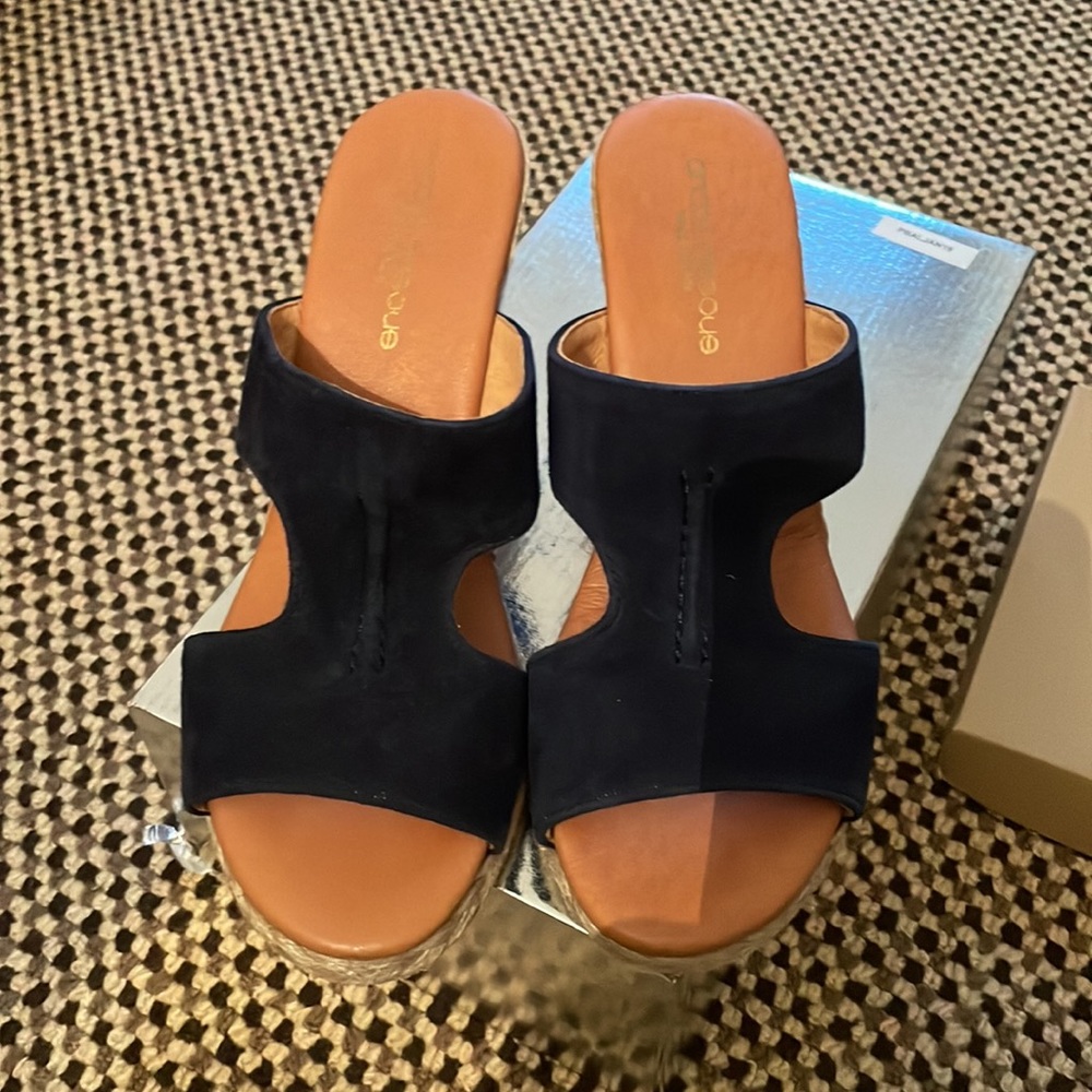 Andre Assous Navy Suede espadrille wedge sandal. Made in Spain.